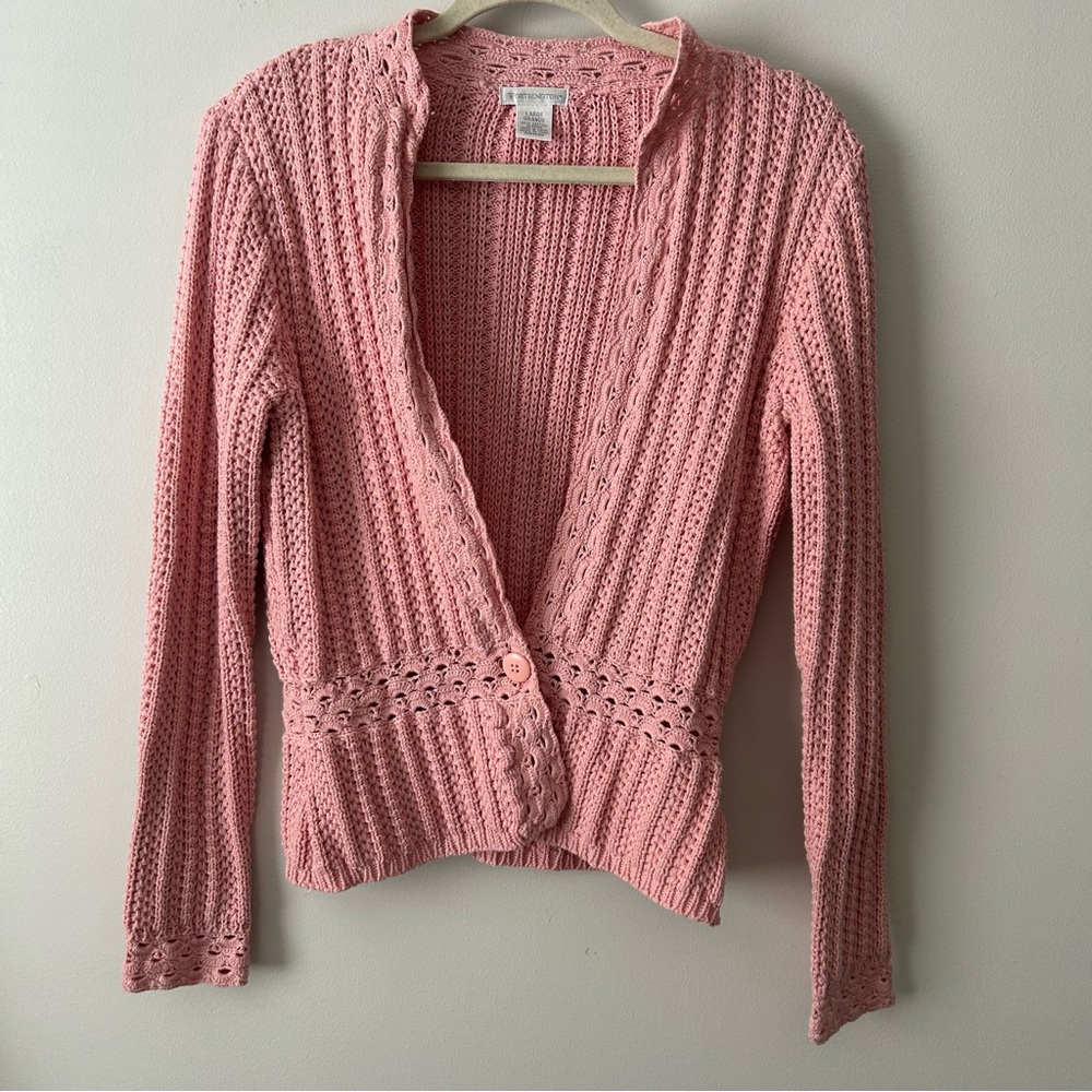 Pink open knit single button cotton cardigan sweater L